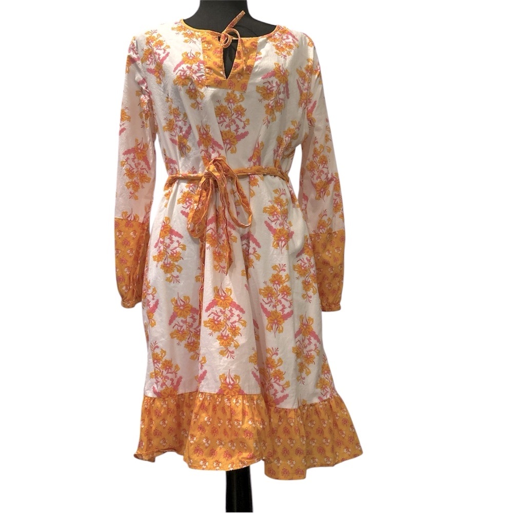 J.Crew 100% Cotton Floral Midi Dress Tie Waist Boho Orange Pink Size Small